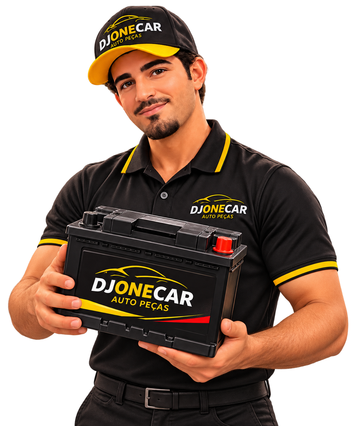 Personagem DJONECAR segurando bateria com a marca DJONECAR
