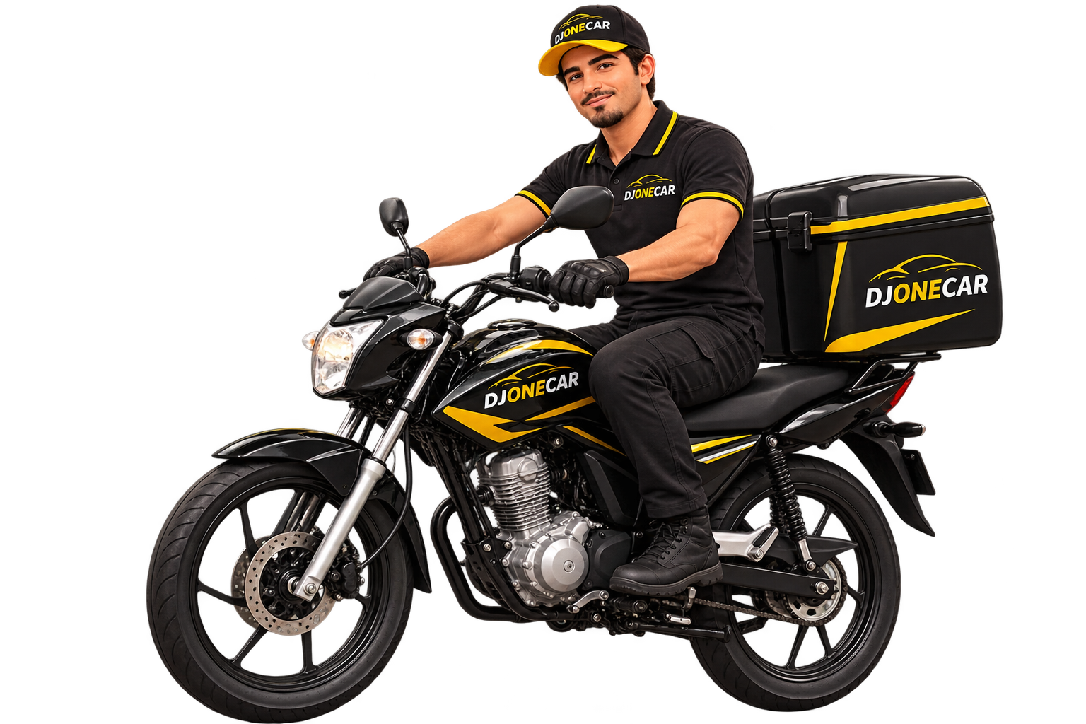 Personagem DJONECAR realizando entrega de moto