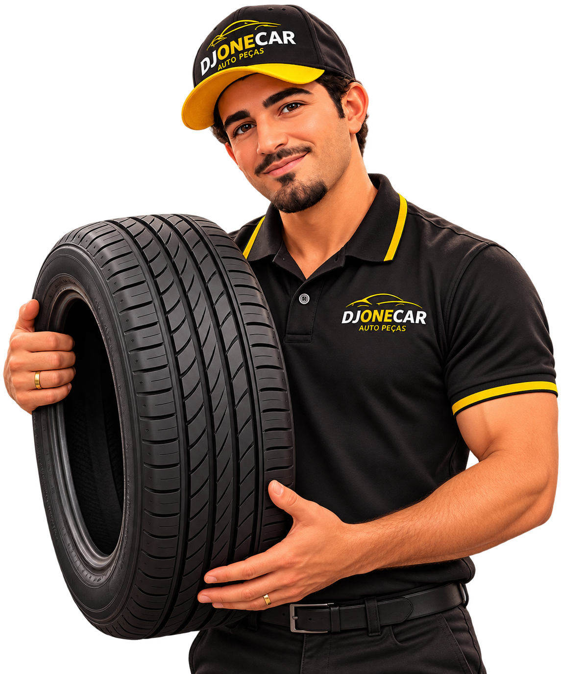 Personagem DJONECAR segurando um pneu